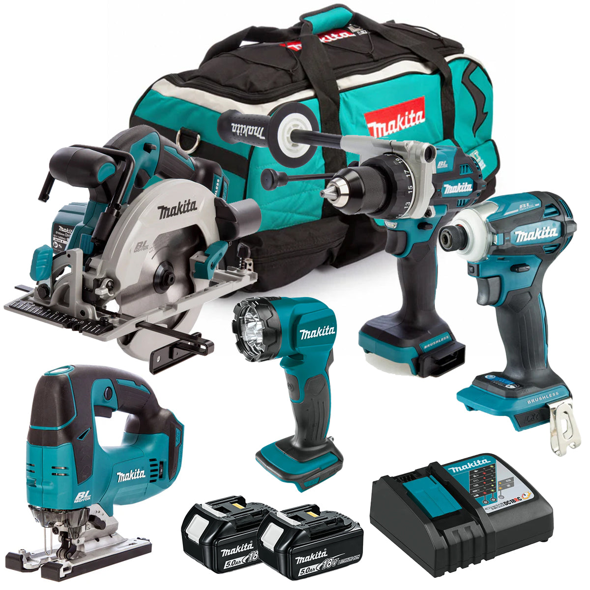 Makita 18V 5 Piece Cordless Kit with 2 x 5.0Ah Battery Charger & Tool Bag T4TKIT-68