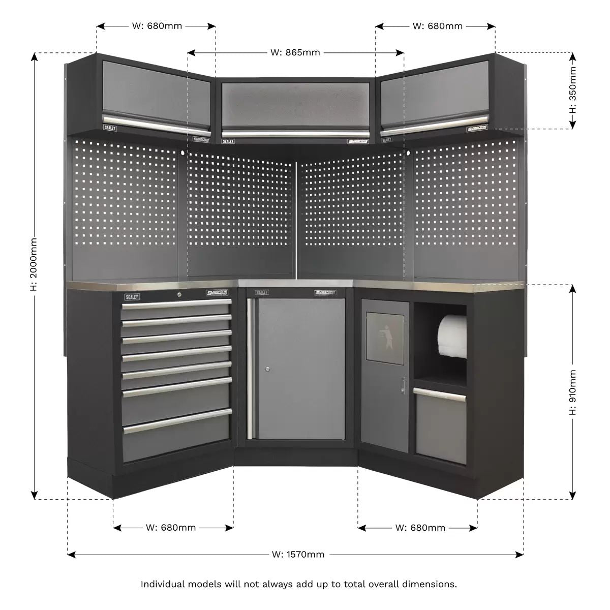 Sealey APMSSTACK08SS Modular 1.6m Storage System Combo Stainless Steel Worktop