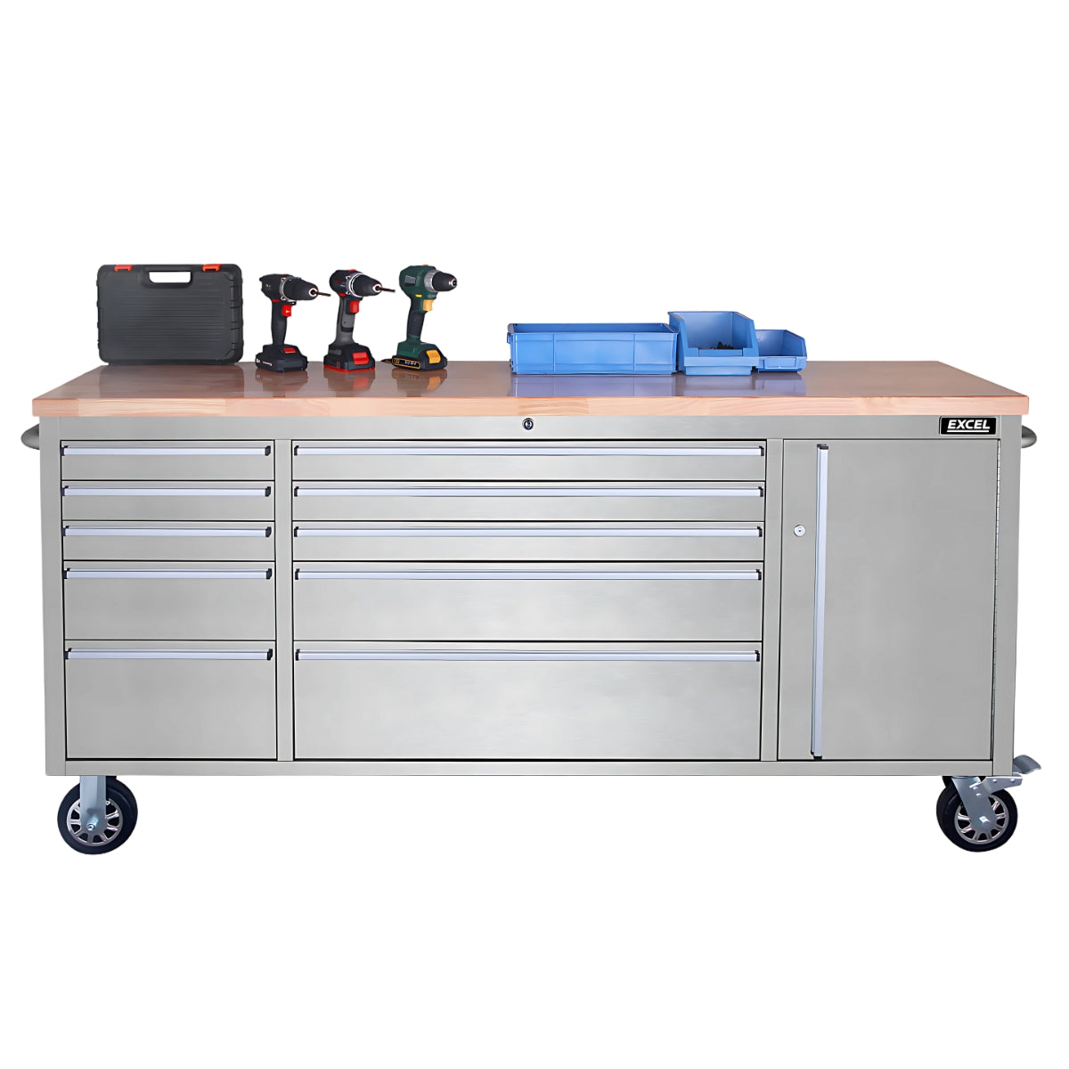 Excel 74inch 10 Drawer Stainless Steel Workbench Roller Tool Chest Cabinet & Tall Cabinet