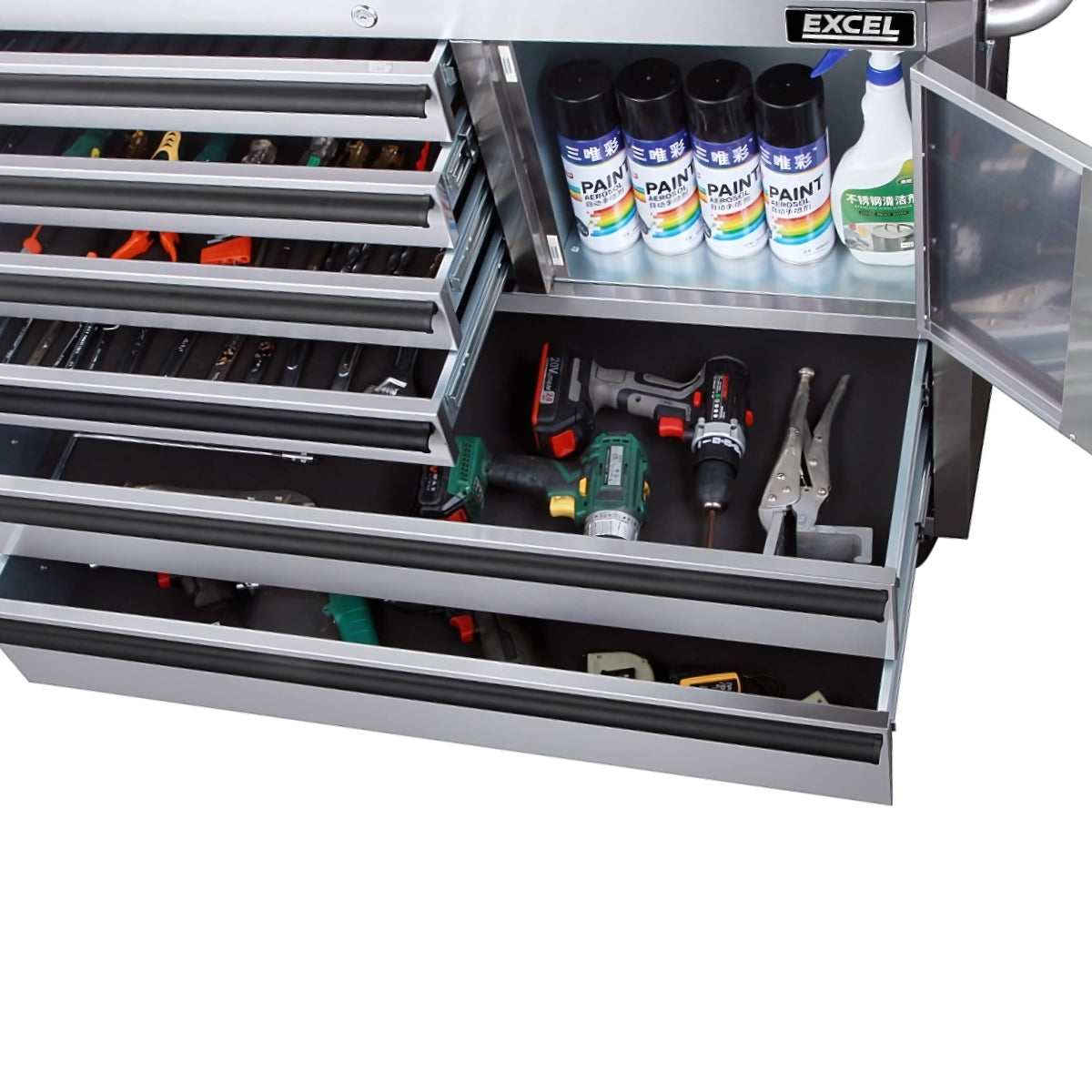 Excel 41inch 12 Drawer Stainless Steel Roller Tool Chest Cabinet & 2 Tall Cabinet