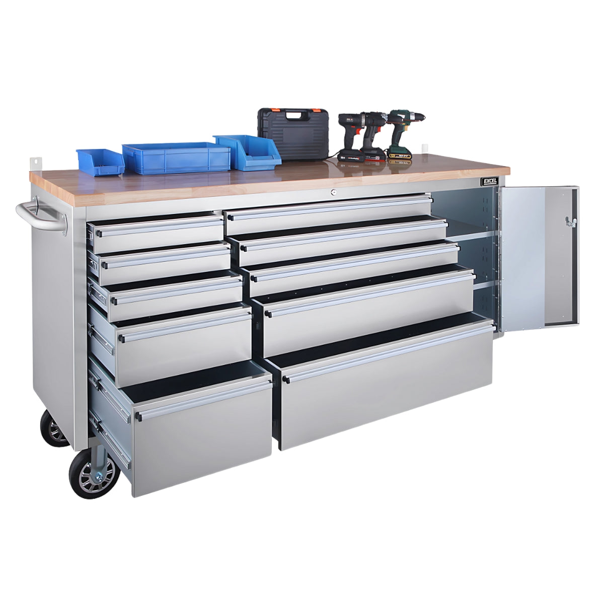 Excel 74inch 10 Drawer Stainless Steel Workbench Roller Tool Chest Cabinet & Tall Cabinet