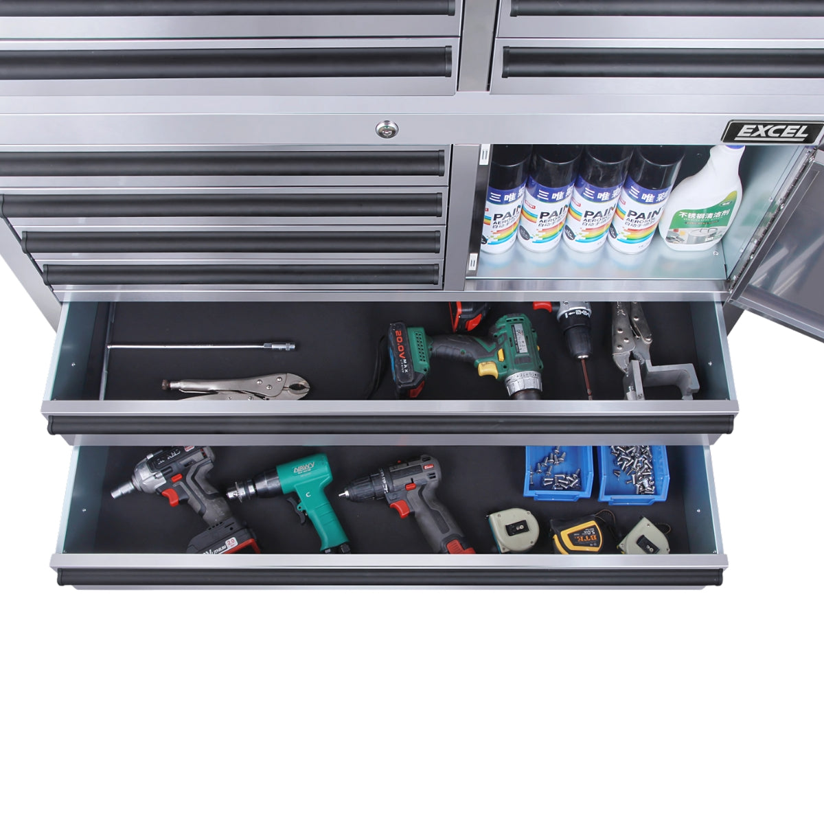 Excel 41inch 12 Drawer Stainless Steel Roller Tool Chest Cabinet & 2 Tall Cabinet