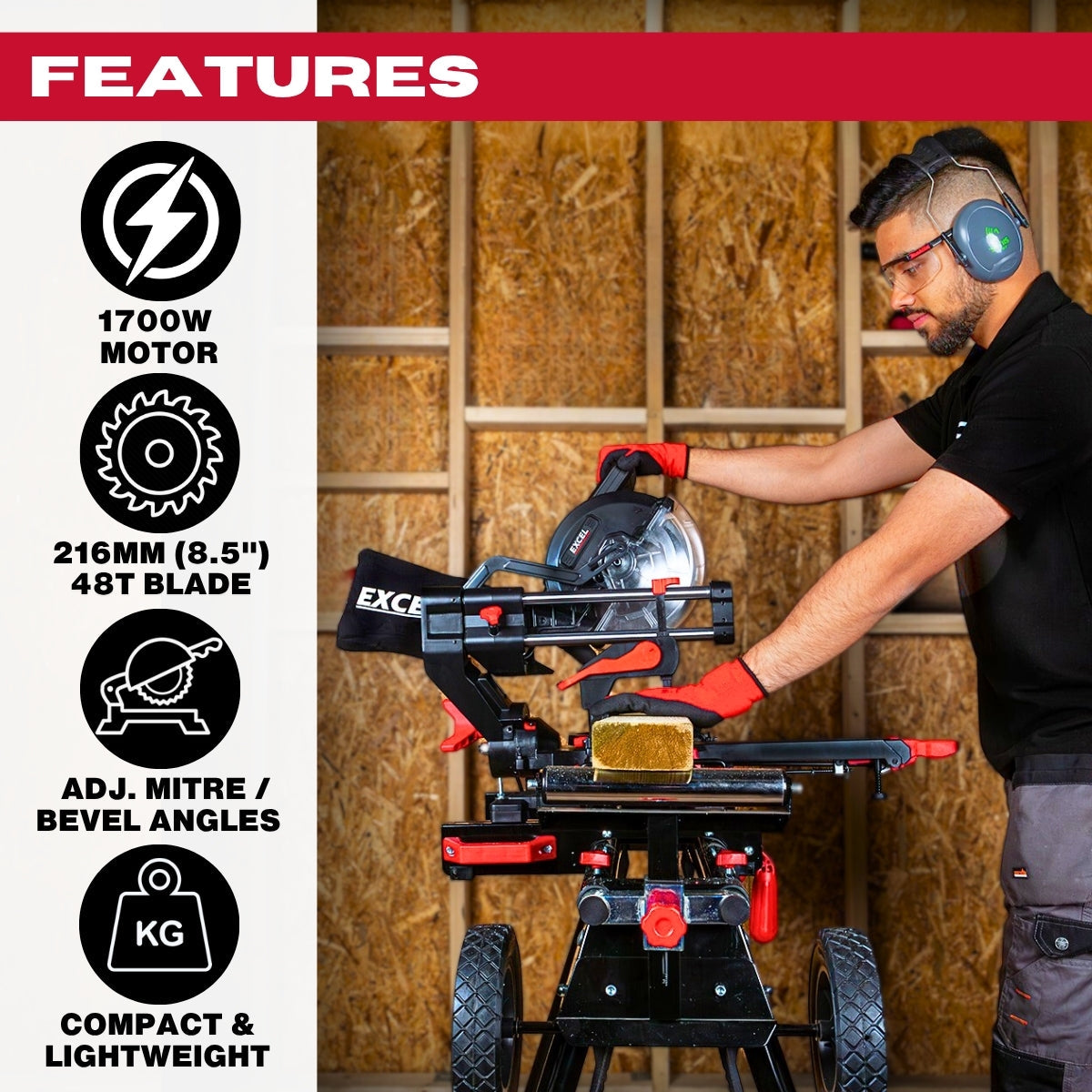Excel 216mm Sliding Mitre Saw with LED Light & 48T Blade 240V/1700W Item Condition Used