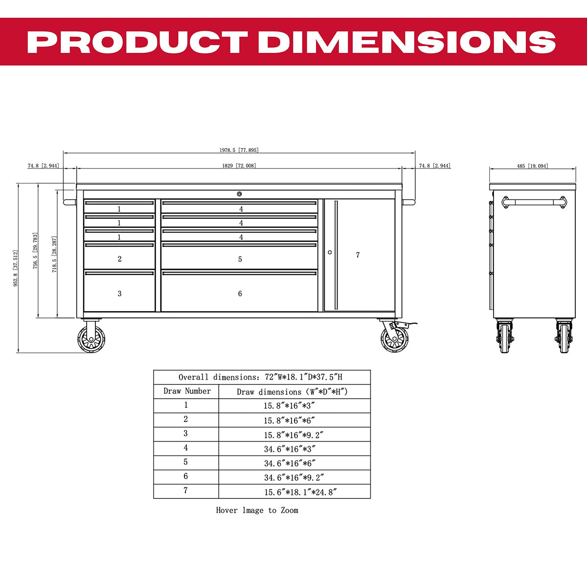 Excel 74inch 10 Drawer Stainless Steel Workbench Roller Tool Chest Cabinet & Tall Cabinet