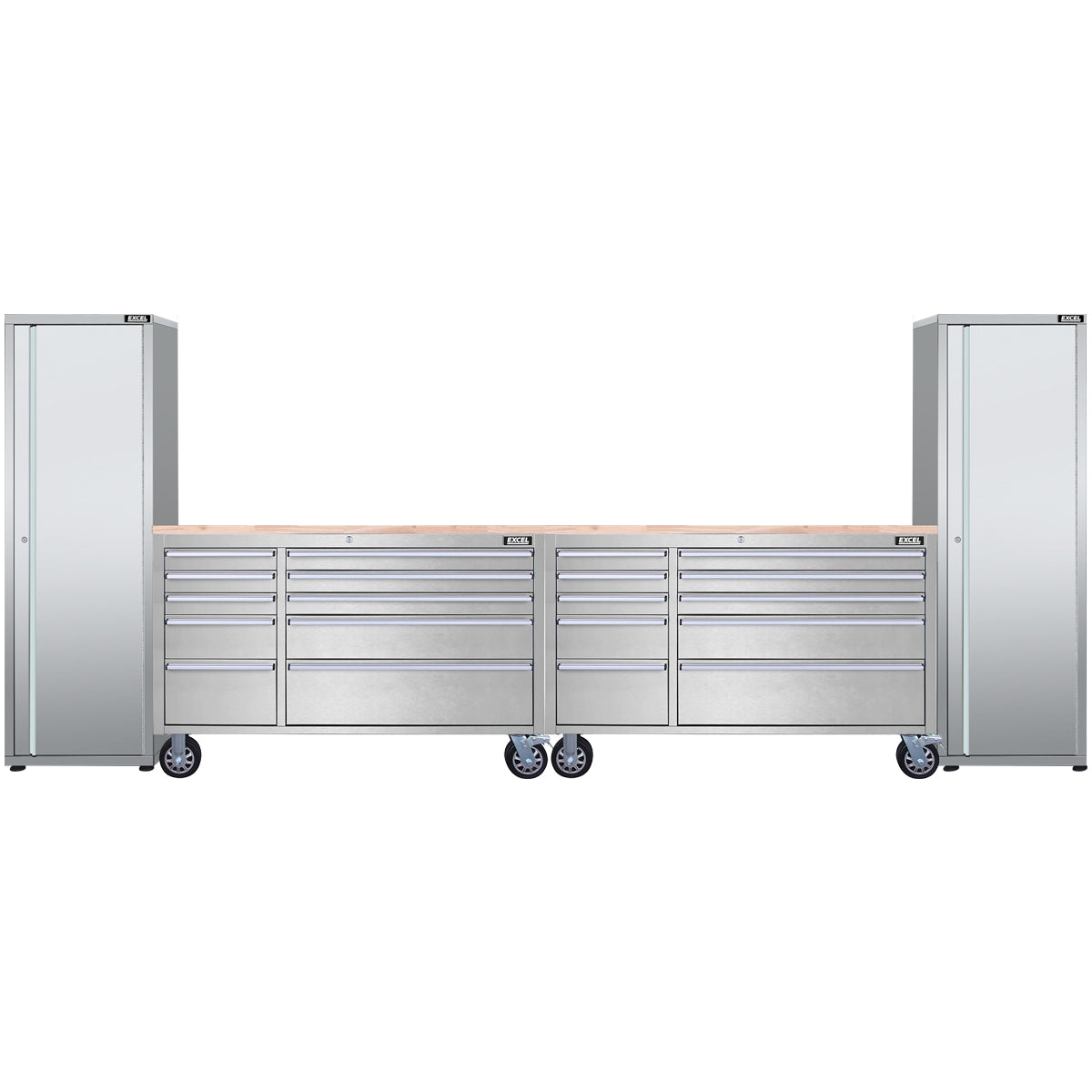 Excel 57inch 20 Drawer Stainless Steel Workbench Roller Tool Chest Cabinet & 2 Tall Cabinet
