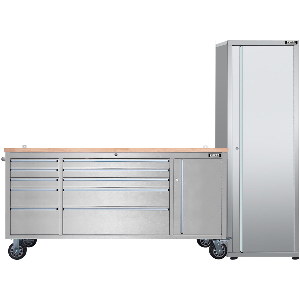 Excel 74inch 10 Drawer Stainless Steel Workbench Roller Tool Chest Cabinet & Tall Cabinet