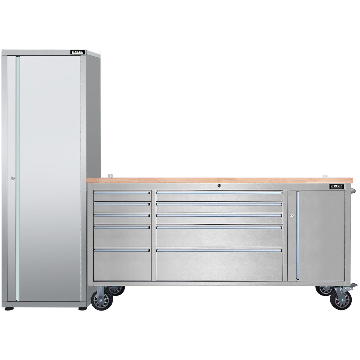 Excel 74inch 10 Drawer Stainless Steel Workbench Roller Tool Chest Cabinet & Tall Cabinet