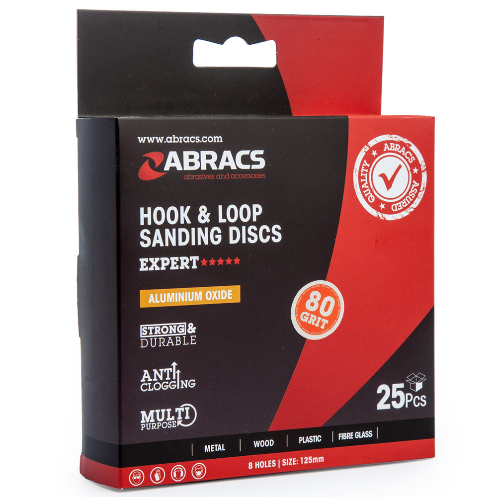 Abracs Hook & Loop 125mm Sanding Discs 8 Holes 80G Pack of 25 ABHL8125080