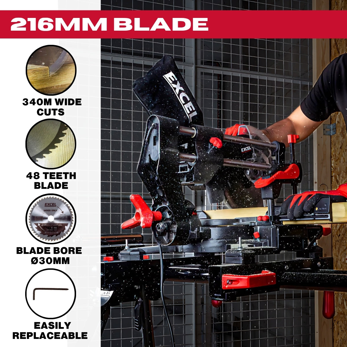 Excel 216mm Sliding Mitre Saw with LED Light & 48T Blade 240V/1700W Item Condition Used