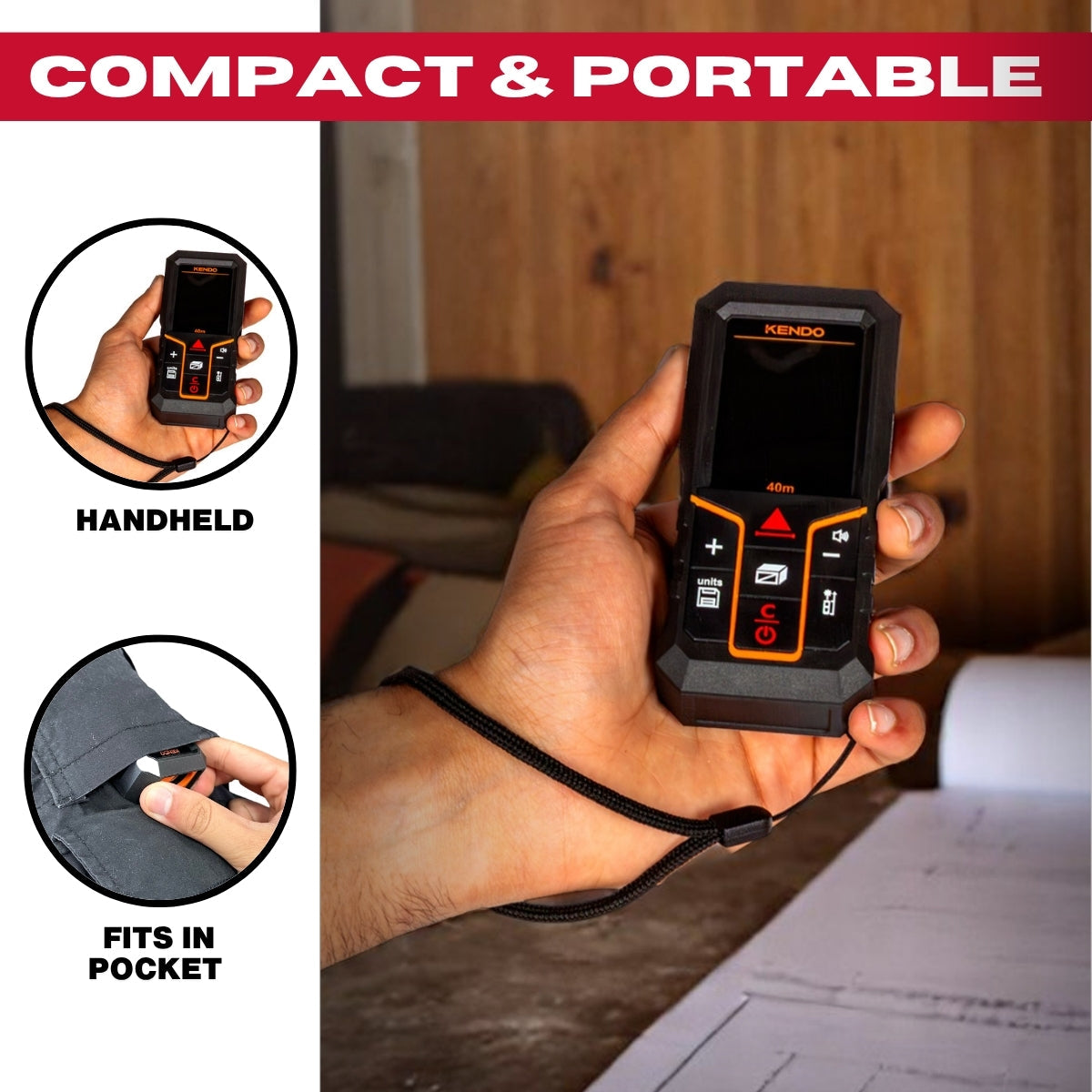 Kendo 40m Laser Distance Meter with Rechargeable Battery & LCD Display