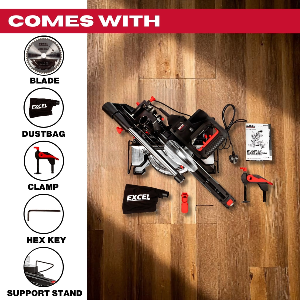 Excel 216mm Sliding Mitre Saw with LED Light & 48T Blade 240V/1700W Item Condition Used