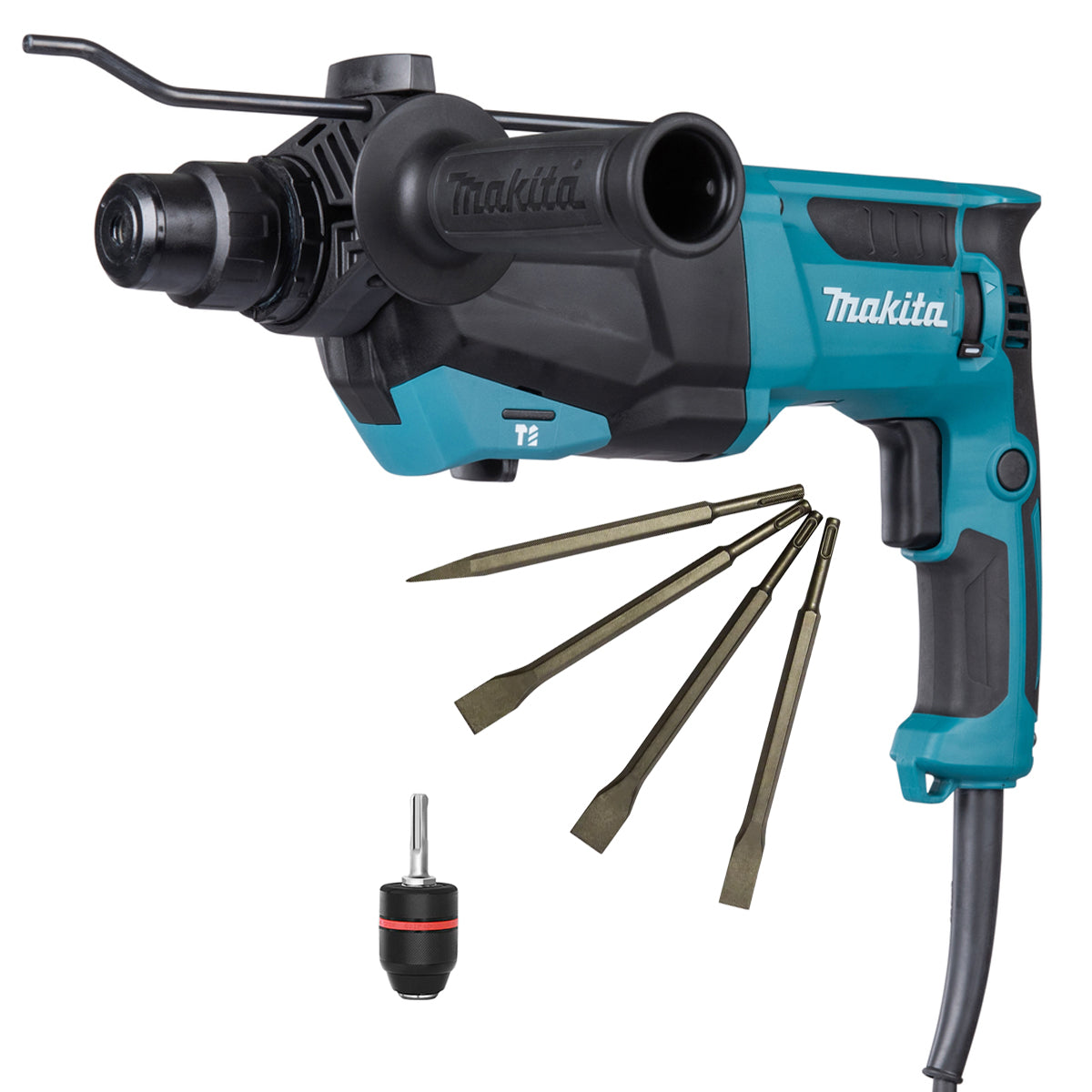 Makita HR2670/2 26mm SDS+ Rotary Hammer Drill With Excel Drill Chisel Set + 13mm Keyless Chuck